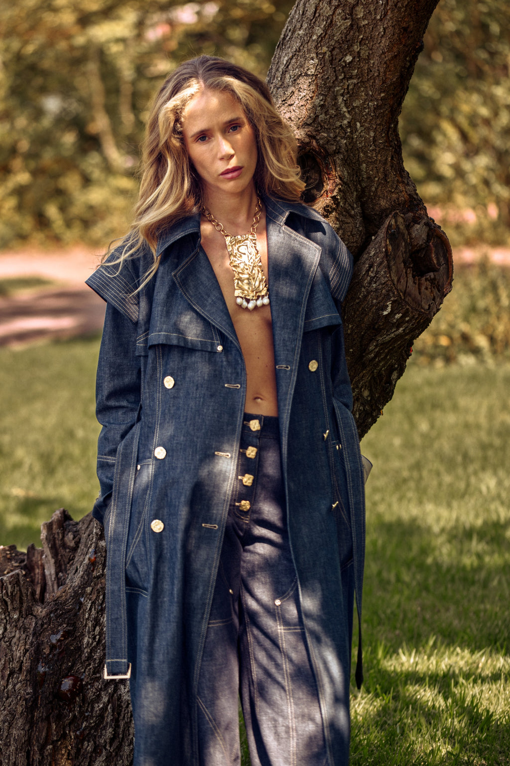 Denim trench coat